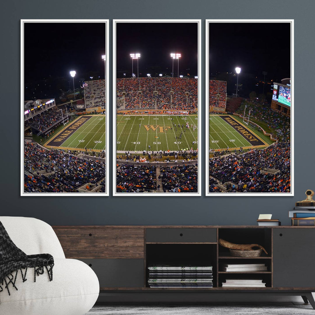 The Demon Deacons stadium print captures a brightly lit, bustling scene on museum-quality canvas.