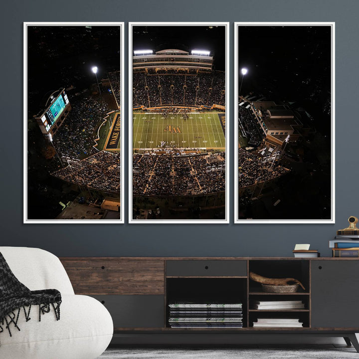 Canvas wall art displays an aerial view of Wake Forest Demon Deacons stadium at night.