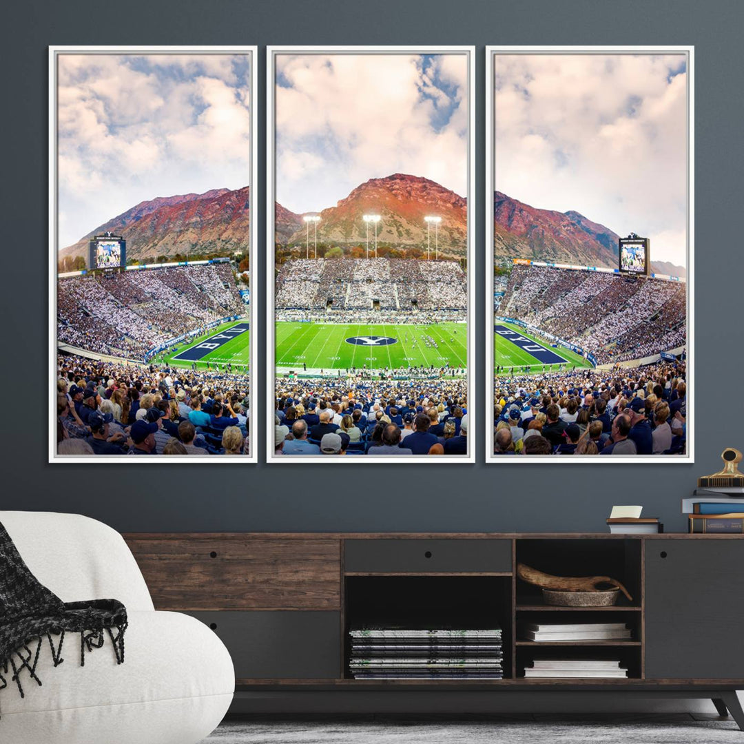 A museum-quality canvas featuring BYU Cougars Football at LaVell Edwards Stadium with a stunning mountain view.