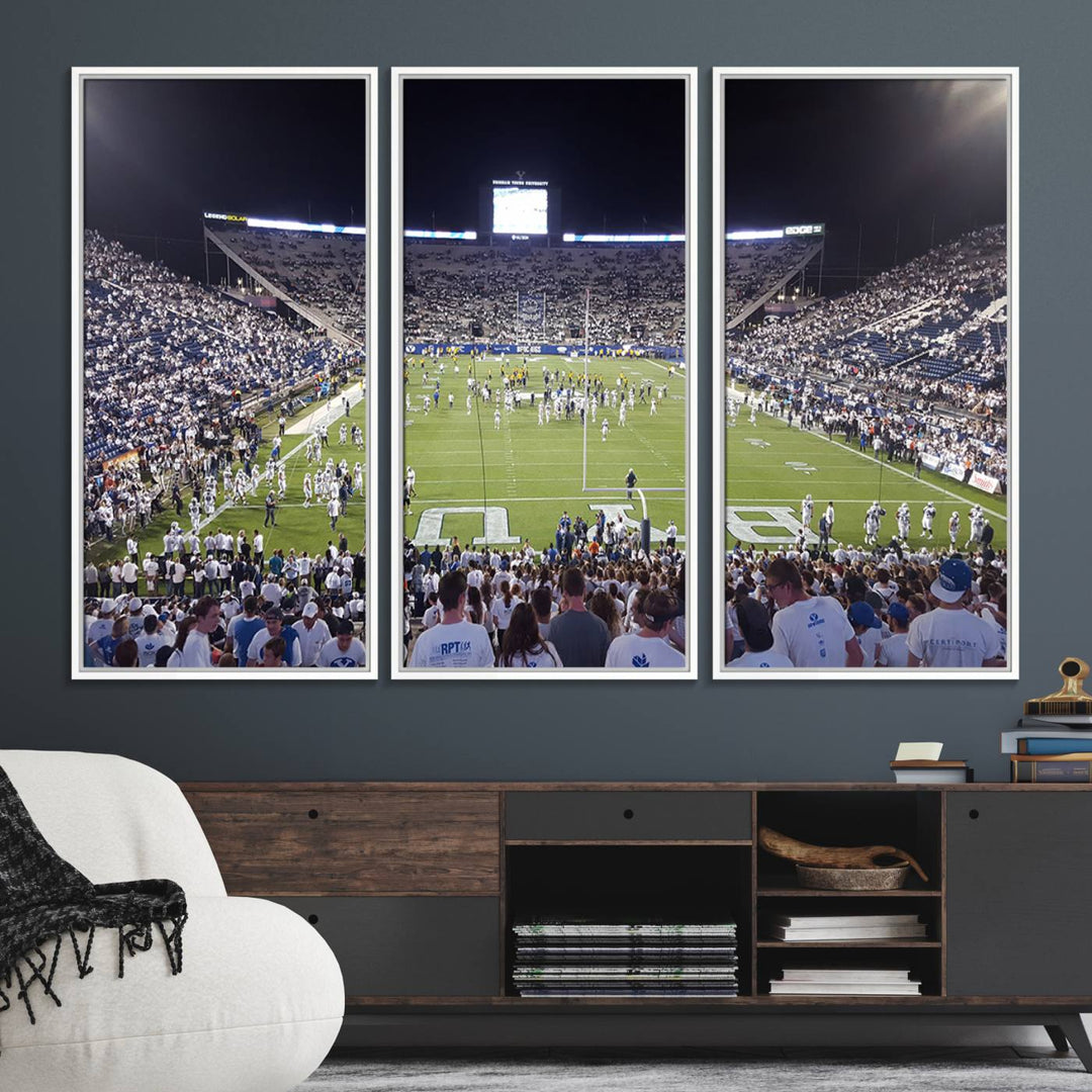 The wall art is a premium canvas of LaVell Edwards Stadium, offering a gallery-quality finish that showcases BYU Cougars pride.