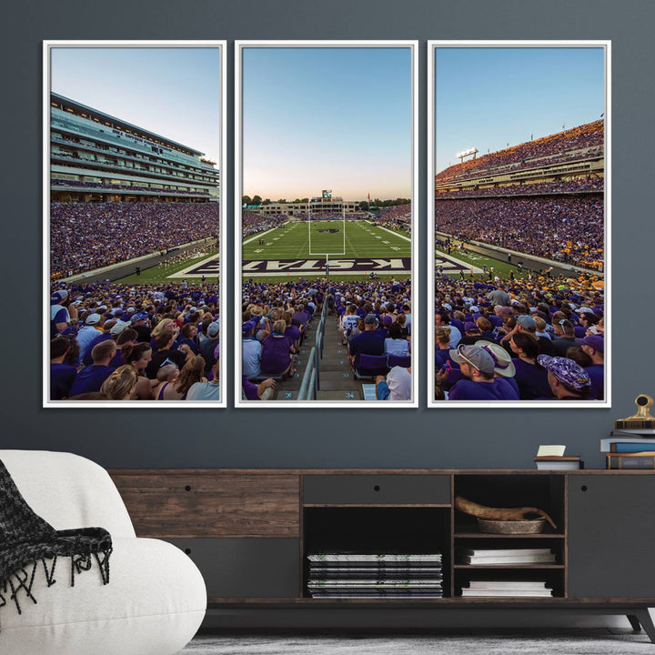 Sunset view of fans in purple at Bill Snyder Family Stadium, captured in a stunning gallery wall art canvas, perfect for a modern living room or office.