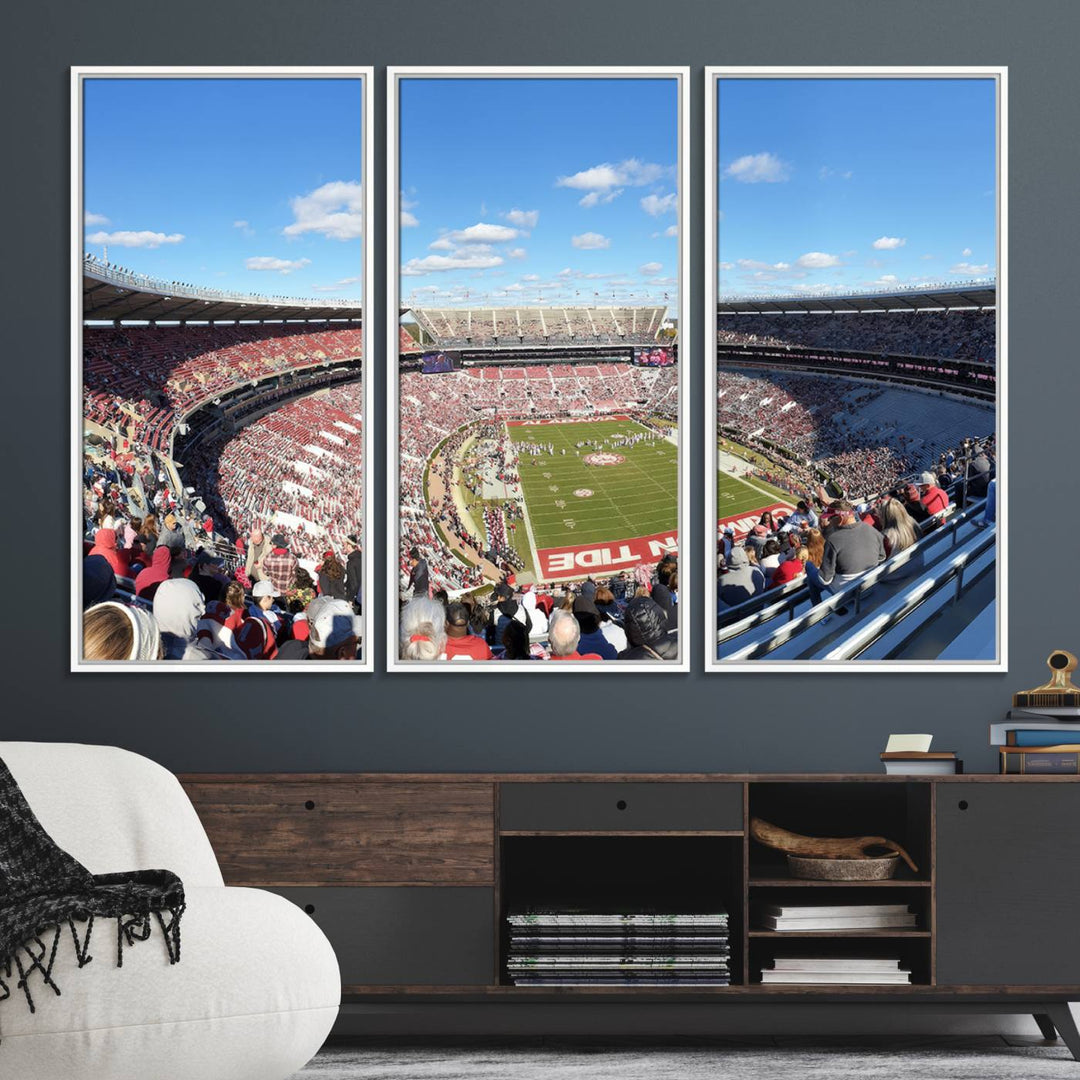 Canvas print of Alabama Crimson Tides Bryant-Denny Stadium, showcasing a sunlit field under a blue sky.