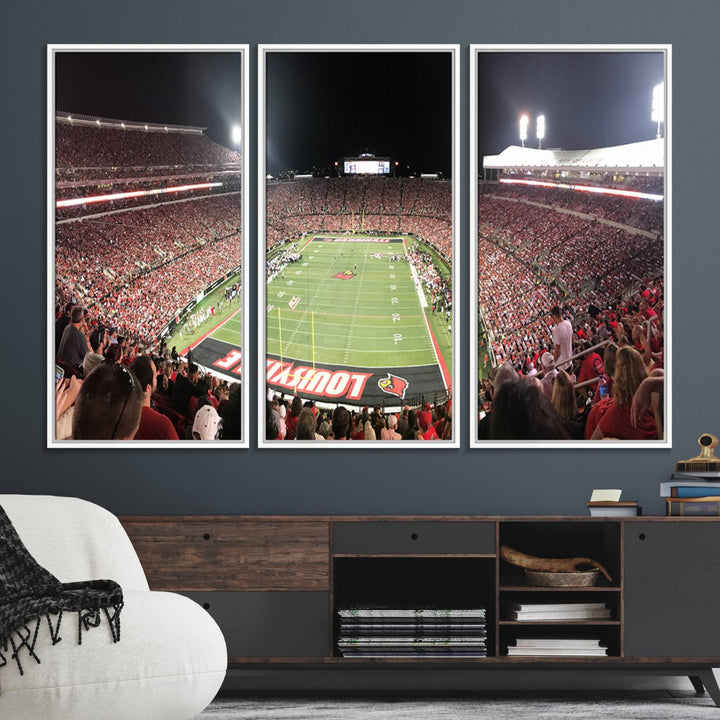 Panoramic view of a crowded football stadium with Louisville in the end zone, crafted as University of Louisville wall art.