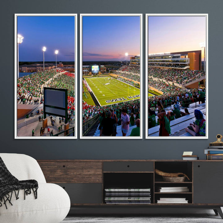 Aerial view of University of North Texas DATCU Stadium at sunset on canvas, showcasing a colorful sky.