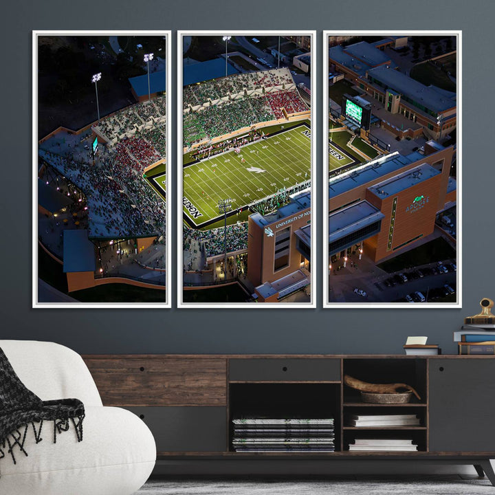 Night aerial view of fans at UNT Mean Green game captured on premium DATCU Stadium canvas wall art print.