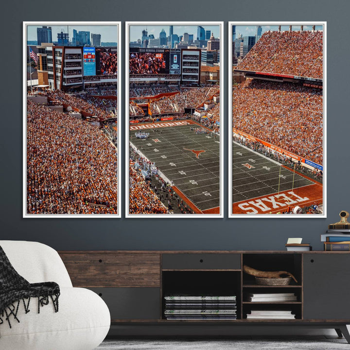 A premium canvas wall art featuring the University of Texas Longhorns stadium, showcasing a vibrant sea of orange.