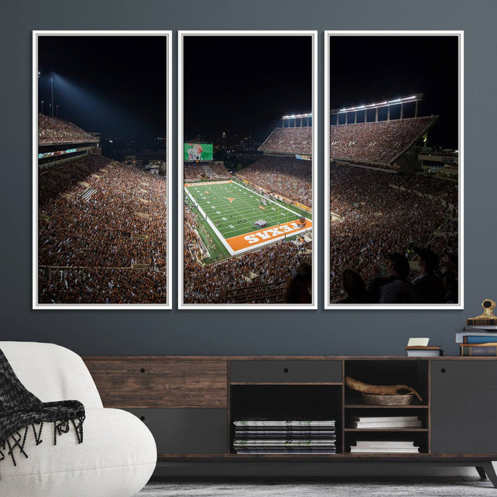 A football game at a packed stadium is captured on the University of Texas Longhorns Stadium Canvas Print.