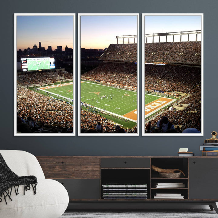 The Evening Game canvas art captures a glowing sunset and skyline at Texas Longhorns Darrell K Royal Stadium.