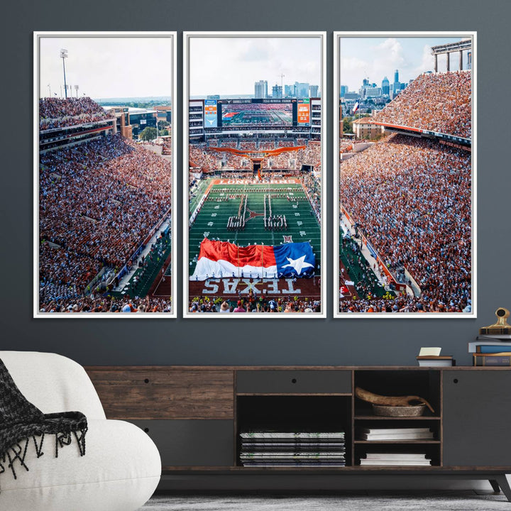 University of Texas Longhorns canvas: A premium print depicting Darrell K Royal-Texas Memorial Stadium with the city skyline and Texas flag.