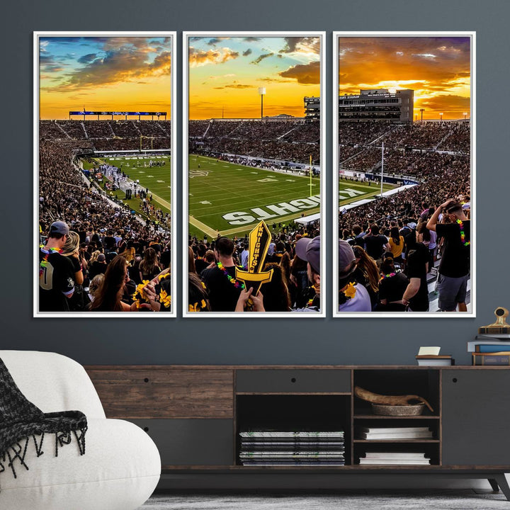 A sunset football game at UCFs Stadium—ideal as a premium wall art canvas print for your home.