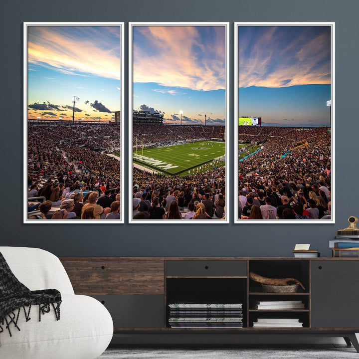 A vibrant wall art canvas captures a sunset scene at Orlandos FBC Mortgage Stadium, featuring the UCF Knights.