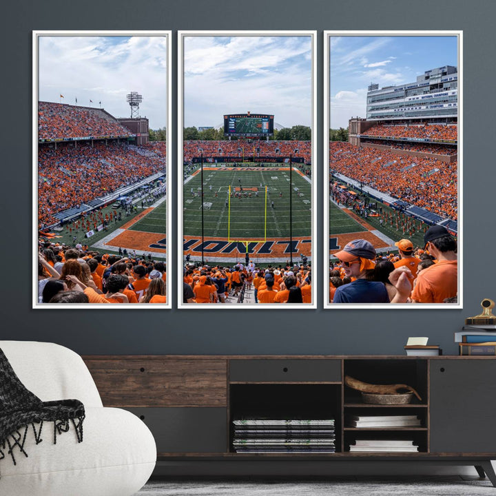 The Illinois stadium packed with orange-clad fans makes for a premium University of Illinois canvas wall art.