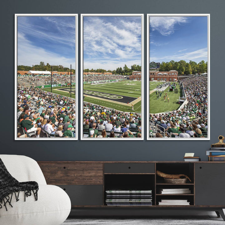 The University of Charlotte 49ers stadium print adds flair to a modern living room wall with its vibrant scene and clear sky.