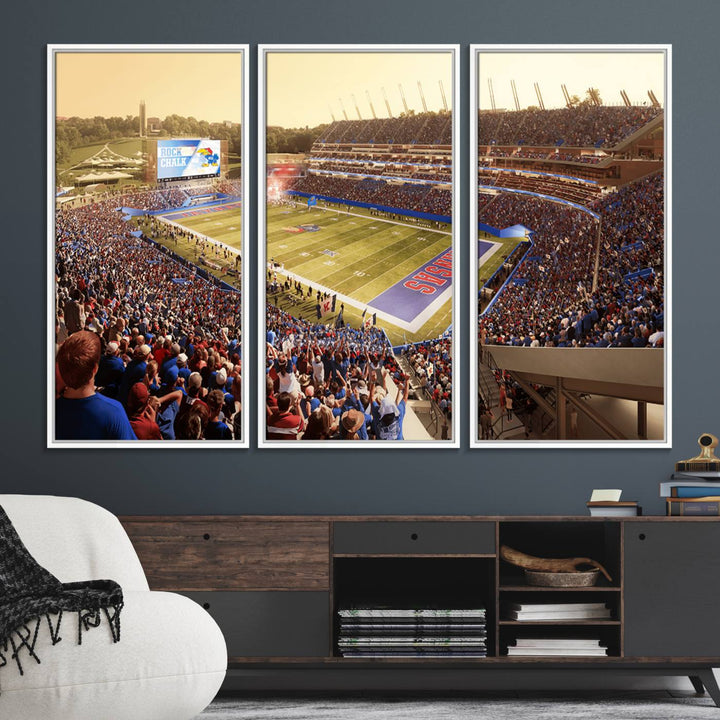 A premium University of Kansas Jayhawks Football Team canvas print captures the essence of a sunset football game, filling the stadium with vibrant energy.