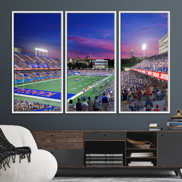 A canvas art piece depicting the Kansas Jayhawks stadium at twilight, vibrant in a modern setting.