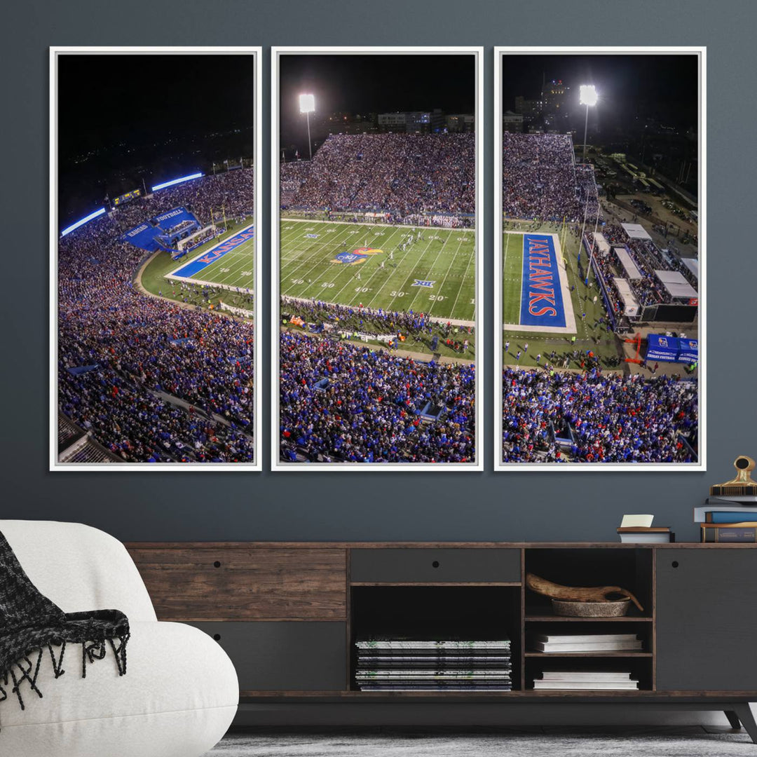 A canvas depicting an aerial view of the University of Kansas Memorial Stadium, showcasing bright lights and a lush green field at night.