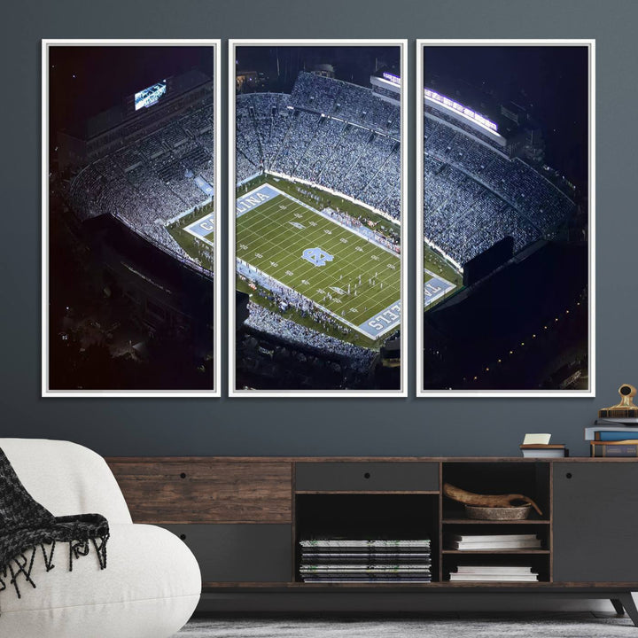 Aerial view of UNC Tar Heels night game at Kenan Memorial Stadium, perfect wall art canvas for fans.