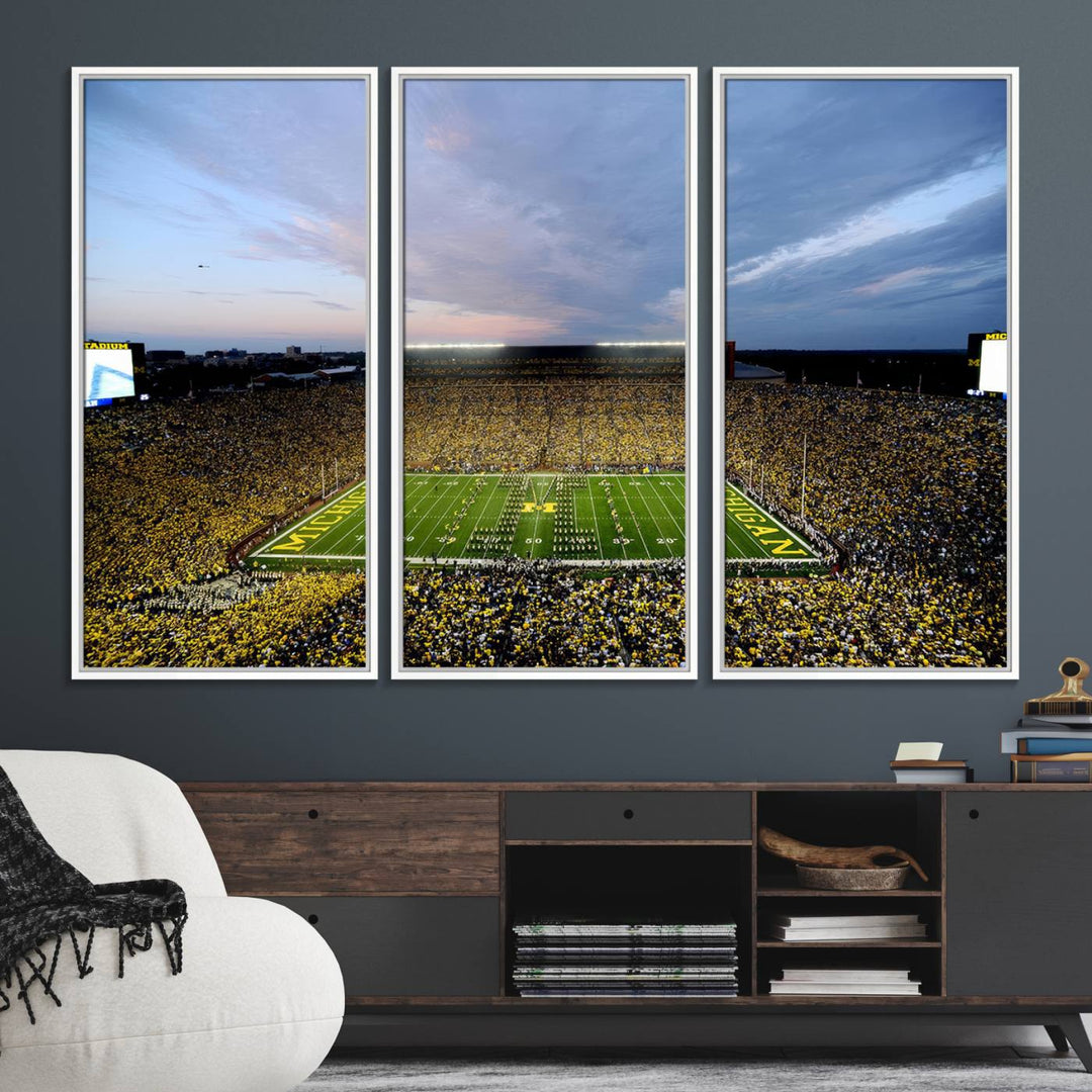 Gallery-quality canvas print of Michigan Stadium at sunset.