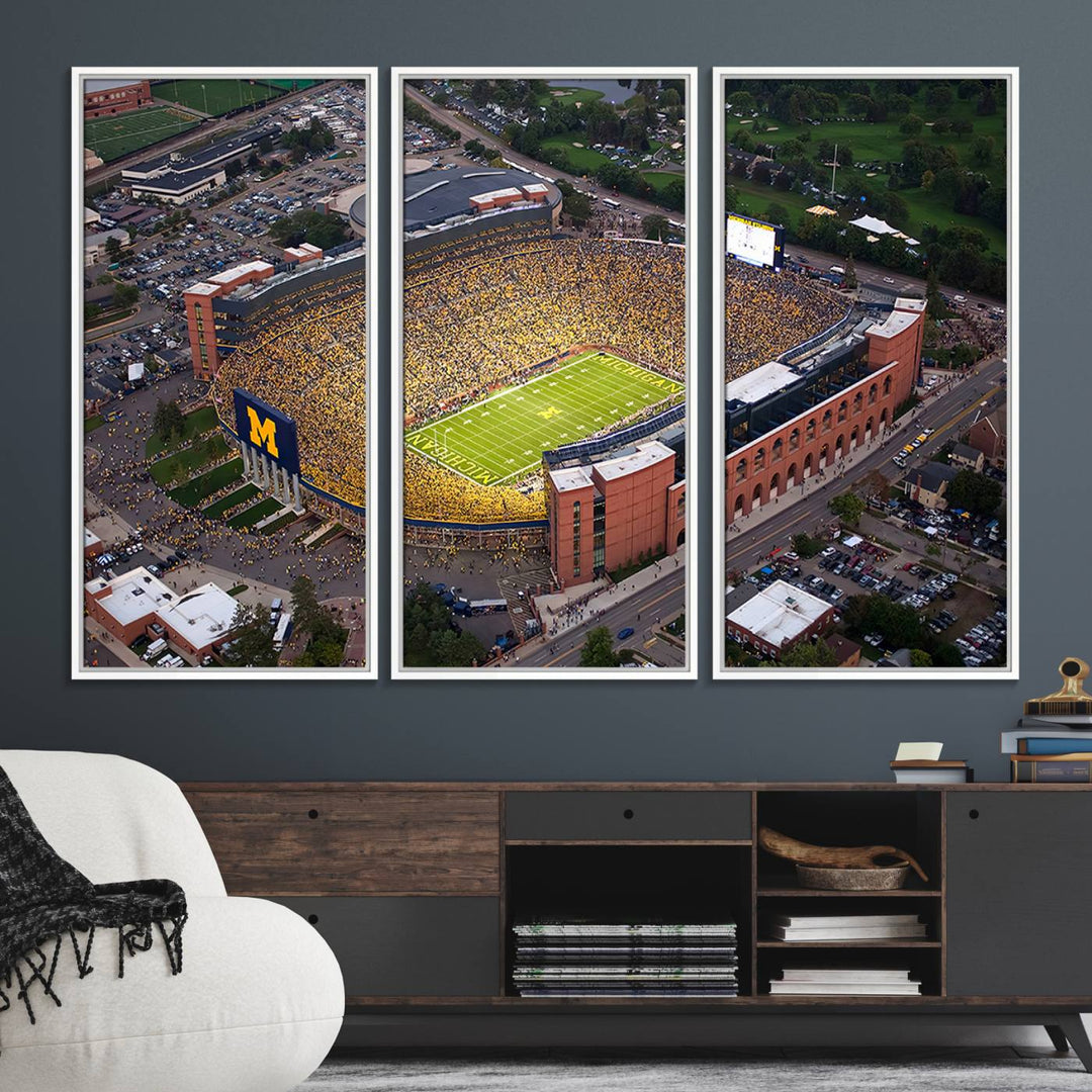 Canvas print featuring an aerial view of Ann Arbor Michigan Stadium filled with Wolverines fans.