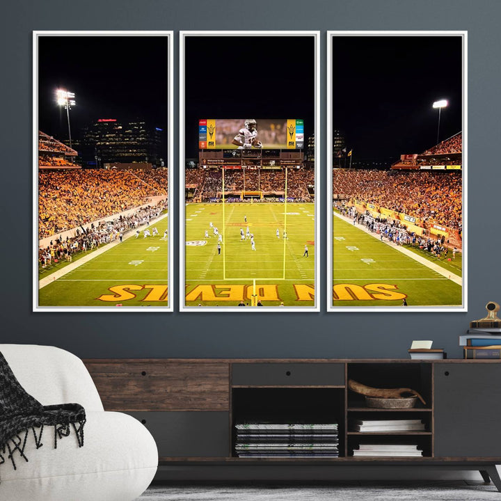 ASU Sun Devils Football Team Print - Wall Art Canvas featuring the Sun Devils end zone at Phoenix Mountain America Stadium.