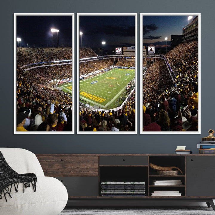 A room featuring an ASU Sun Devils Football Team Print, capturing fans at Phoenix Mountain America Stadium at dusk.