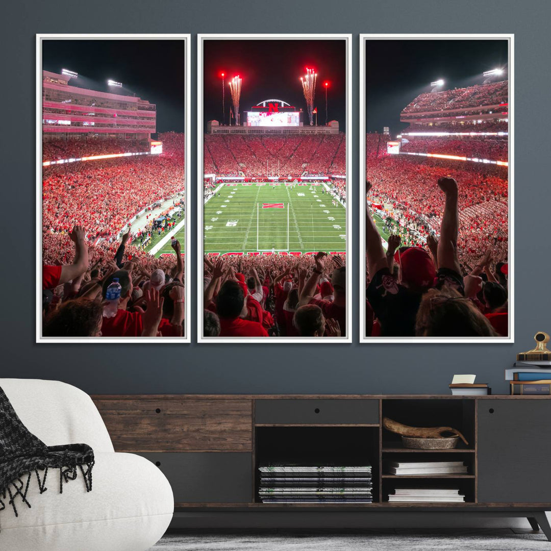 A vibrant canvas print of the Lincoln Memorial Stadium at night with fireworks, featuring the University of Nebraska Cornhuskers Football.