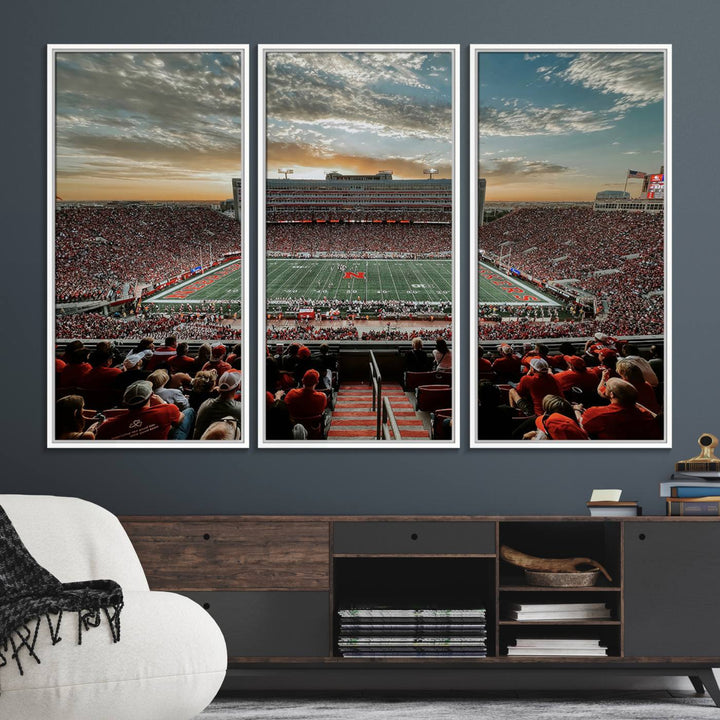 This stunning canvas wall art print features a packed Lincoln Memorial Stadium with the University of Nebraska Cornhuskers at sunset.