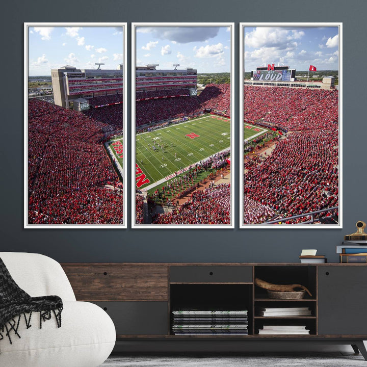 Wall art canvas print depicting a wide-angle view of Lincoln Memorial Stadium during a University of Nebraska game.