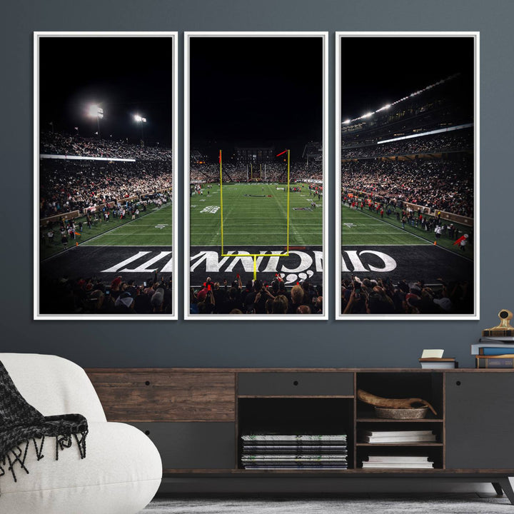 Interior view featuring a Cincinnati Bearcats football canvas of Nippert Stadium.