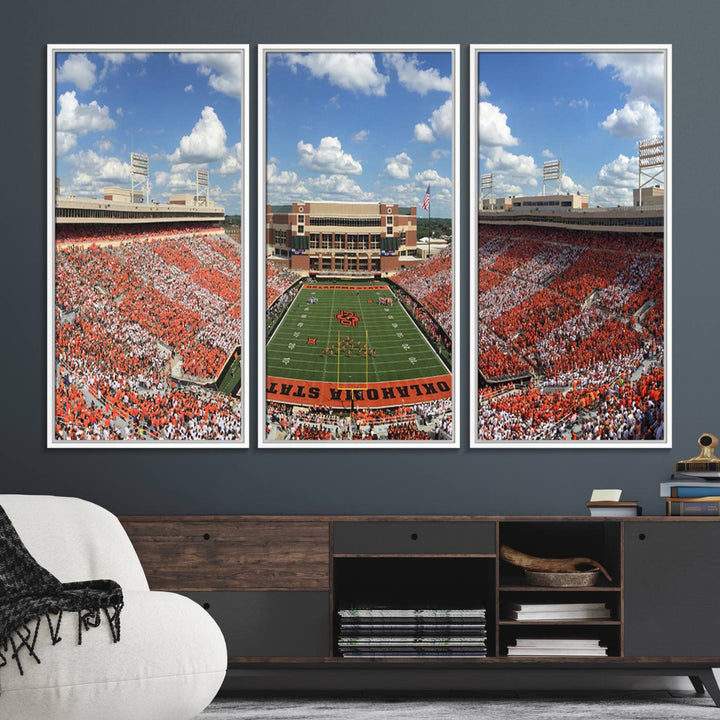 Boone Pickens Stadium was adorned with vibrant murals of Cowboys under a bright blue, cloud-speckled sky.