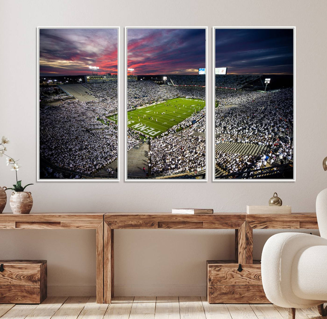 A sunset print on a canvas wall art piece captures the scene of white-clad fans at Beaver Stadium for the Nittany Lions game.