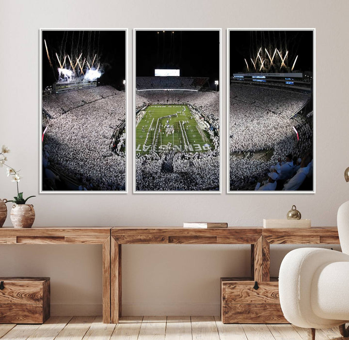 Wide-angle print of a packed stadium with fireworks, ideal gallery-quality wall art - Penn State Nittany Lions Canvas.