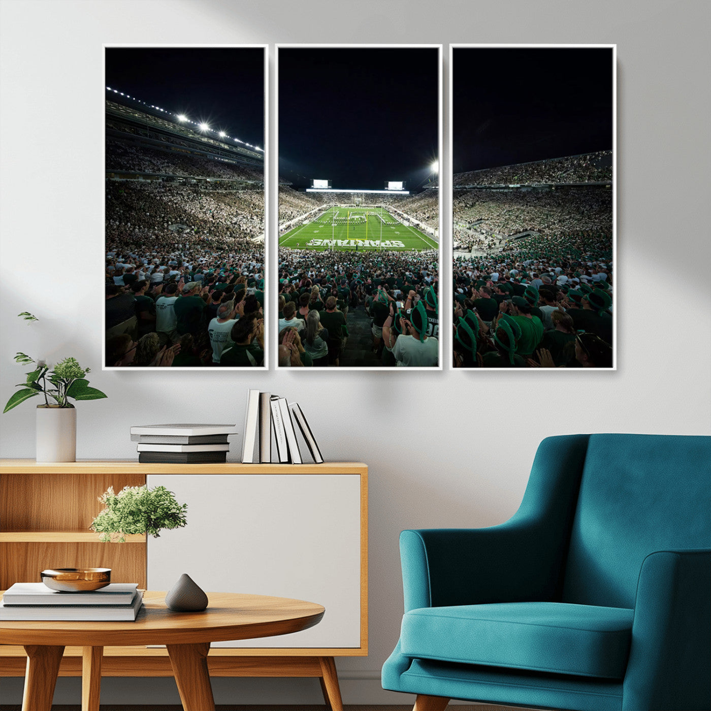 MGV-FC-48X32-3P - Framed Michigan State Spartans Football Team Print - East Lansing Spartan Stadium Wall Art Canvas