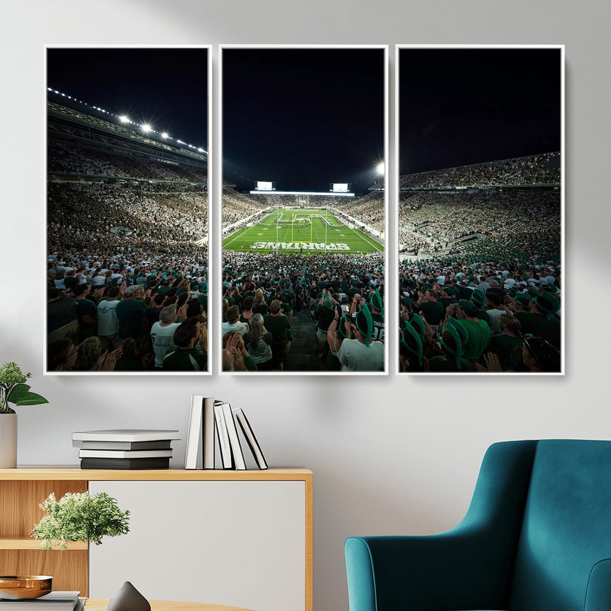 57523-PAN-FL-20X10 - Framed Michigan State Spartans Football Team Print - East Lansing Spartan Stadium Wall Art Canvas