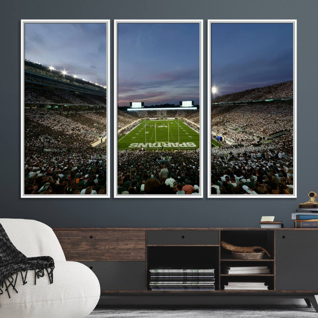 Wall art featuring a stadium at dusk with full stands—ideal for the Michigan State Spartans Football Team Canvas Print.