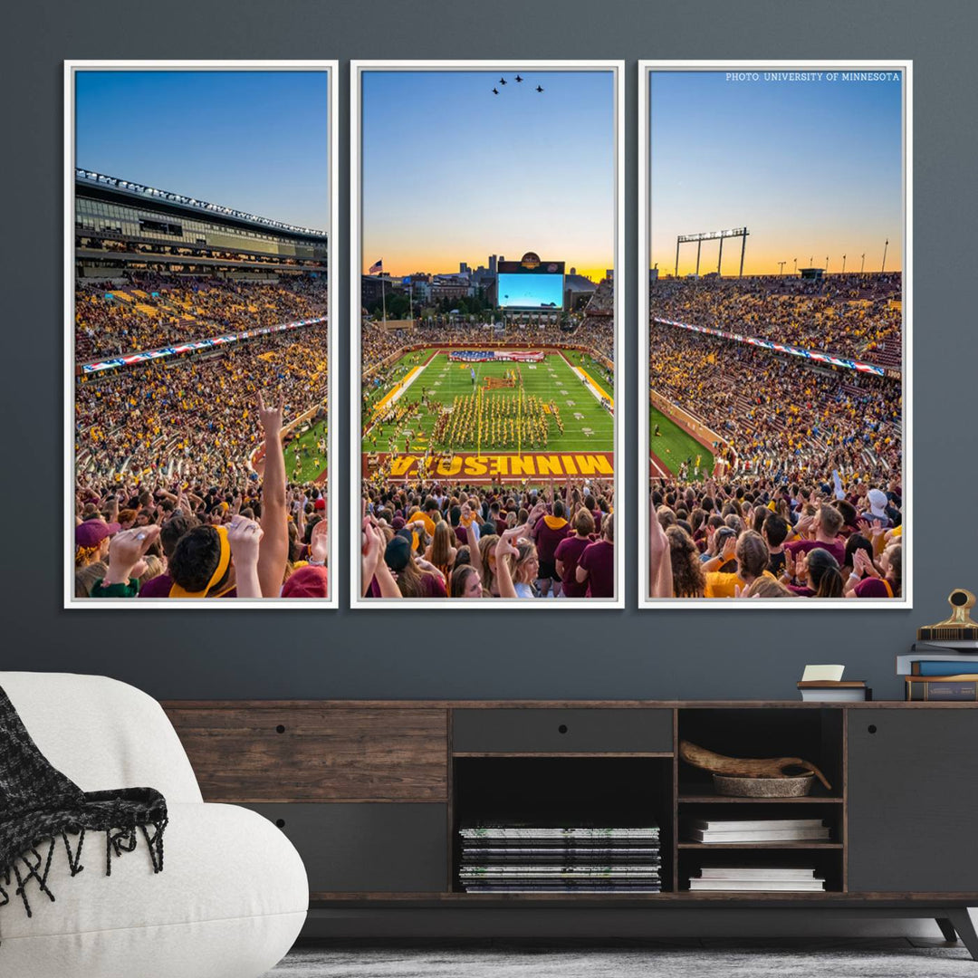 The University of Minnesota Golden Gophers Football Team Print, capturing a sunset scene, is ideal for gallery-quality wall art.