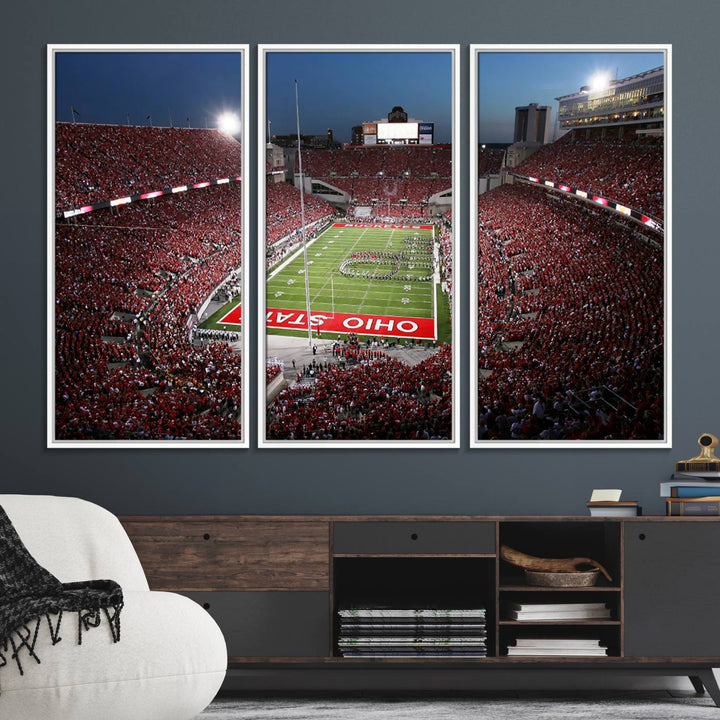 Premium gallery-quality canvas wall art featuring an aerial view of a packed Ohio State stadium at dusk, highlighting the Buckeyes.