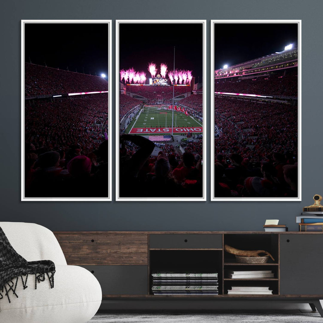 Premium canvas wall art featuring Ohio State University Buckeyes football stadium and fireworks.