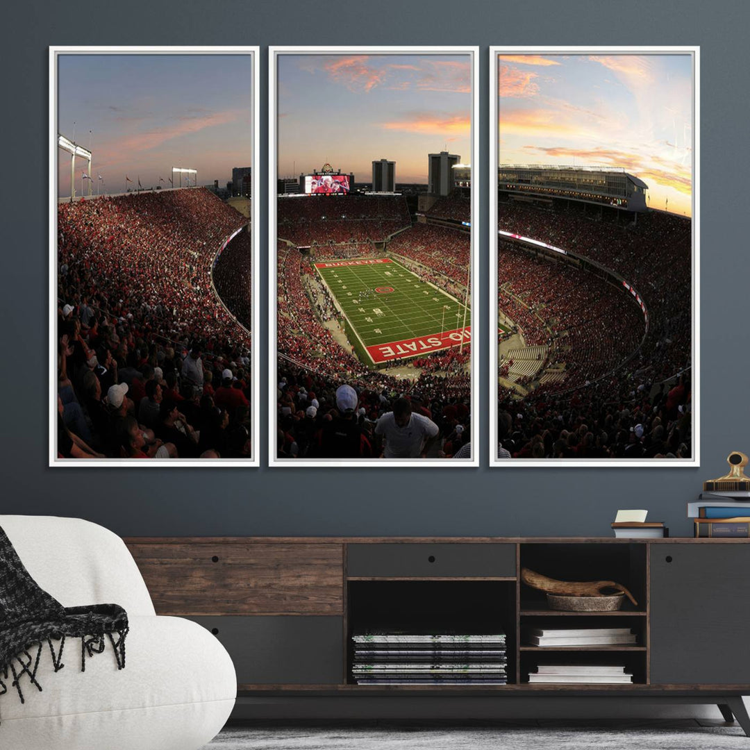 The canvas wall art captures a stunning stadium view of a sunset over Ohio State University Buckeyes football fans.