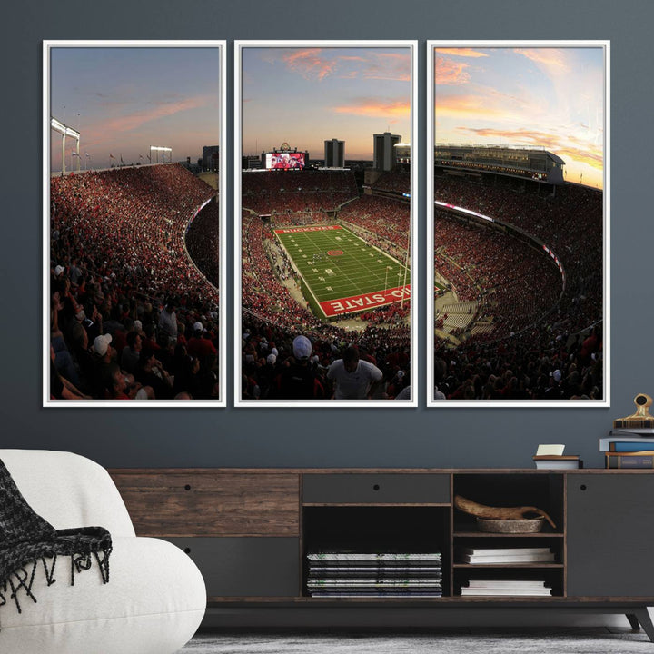 The canvas wall art captures a stunning stadium view of a sunset over Ohio State University Buckeyes football fans.