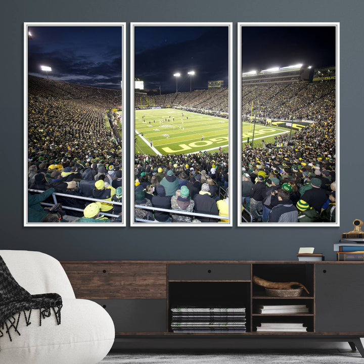 Under bright lights, a University of Oregon Ducks Canvas Print captures the excitement of fans packing Autzen Stadium for a night football game.