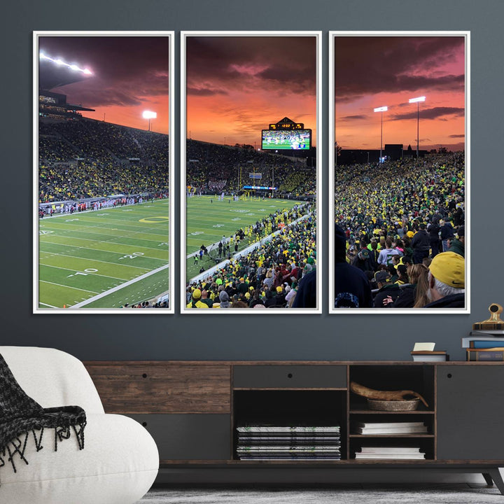 This stunning wall art print captures a vibrant sunset at Eugene Autzen Stadium.