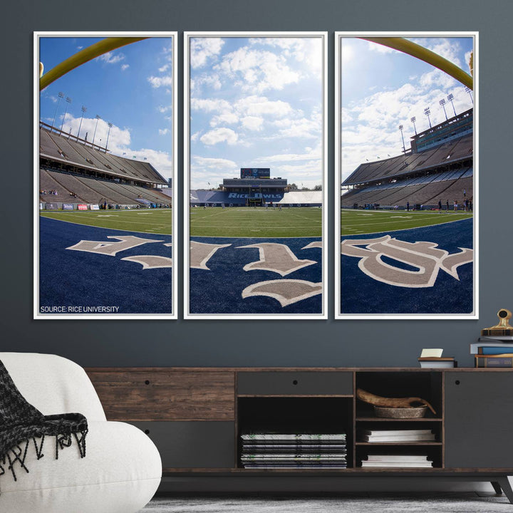 Fish-eye view of an empty stadium, ideal wall art on premium canvas: Rice University Owls Football Team Print.