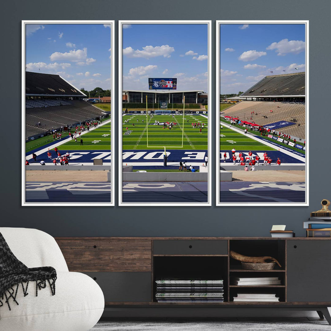 Rice Stadium print: This artwork features a football field with empty stands and a gallery-quality finish under a clear blue sky.