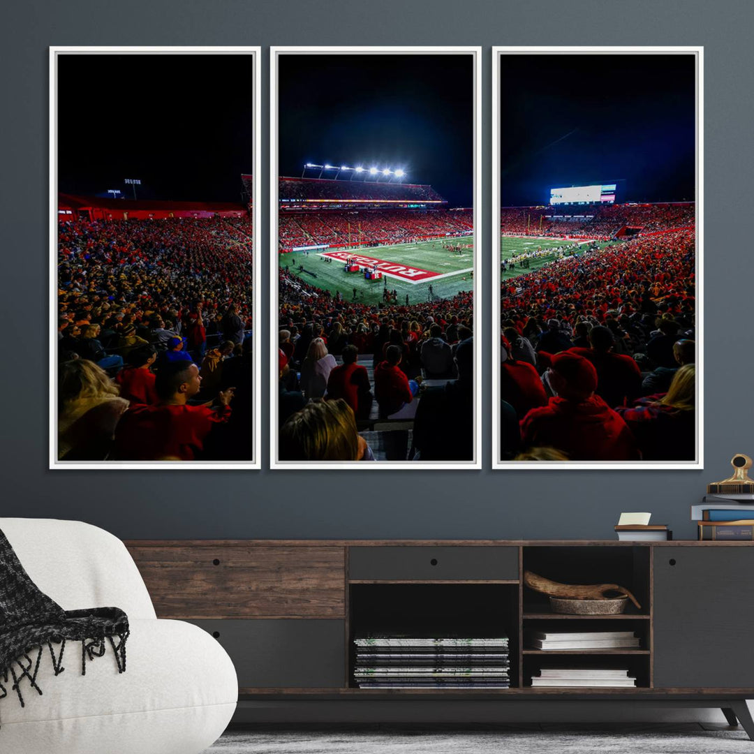 A premium canvas wall art print depicting Rutgers Scarlet Knights SHI Stadium filled with fans under vibrant lights.