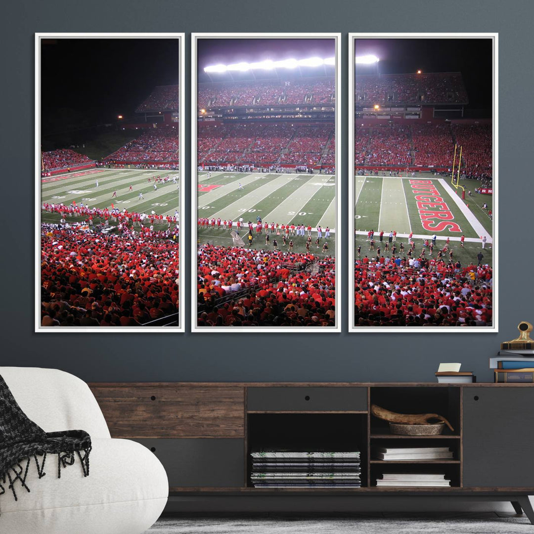 A bustling night game at SHI Stadium is captured as Rutgers Scarlet Knights wall art on a gallery-quality canvas print.