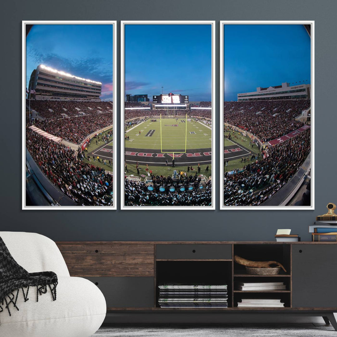 The wall art in the living room features a Texas Tech Red Raiders Football Team Print, showcasing Jones AT&T Stadium at dusk.