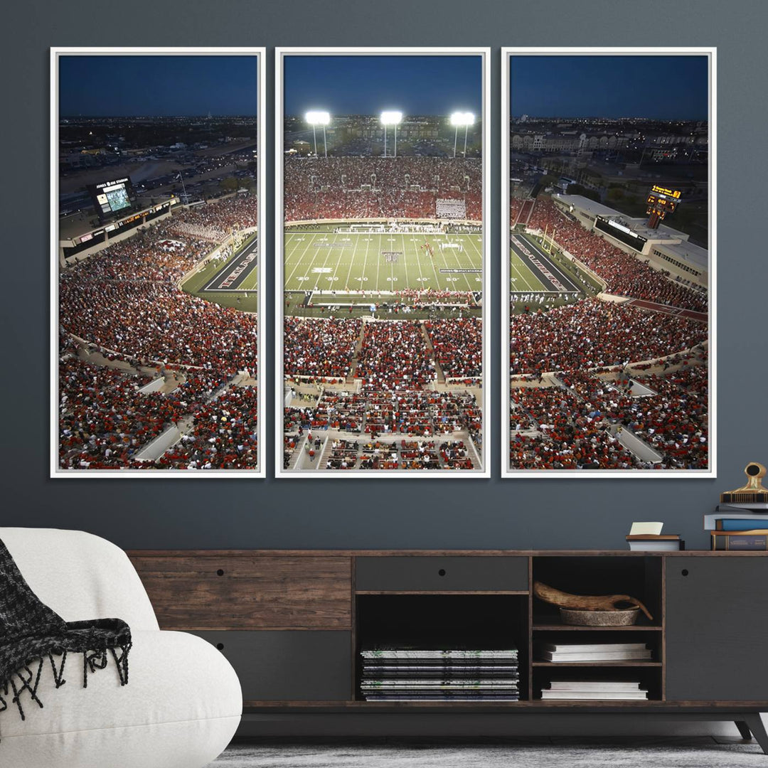 Canvas wall art featuring an aerial view of the Texas Tech Red Raiders packed night game at Lubbock’s Jones AT&T Stadium.