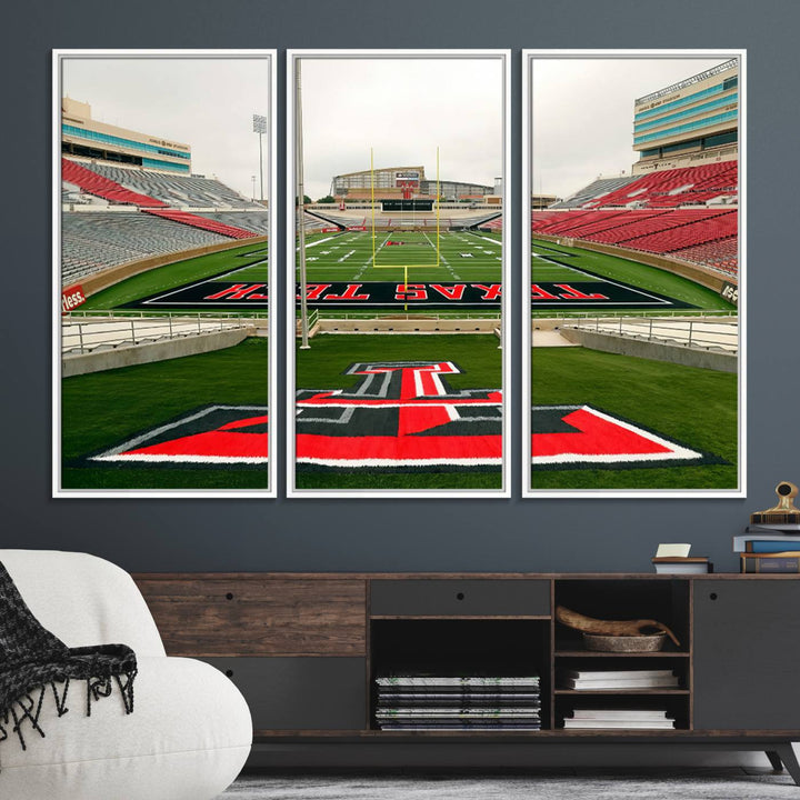 Gallery-quality print of Lubbock Jones AT&T Stadium featuring the Texas Tech Red Raiders field, highlighted by red and gray bleachers.