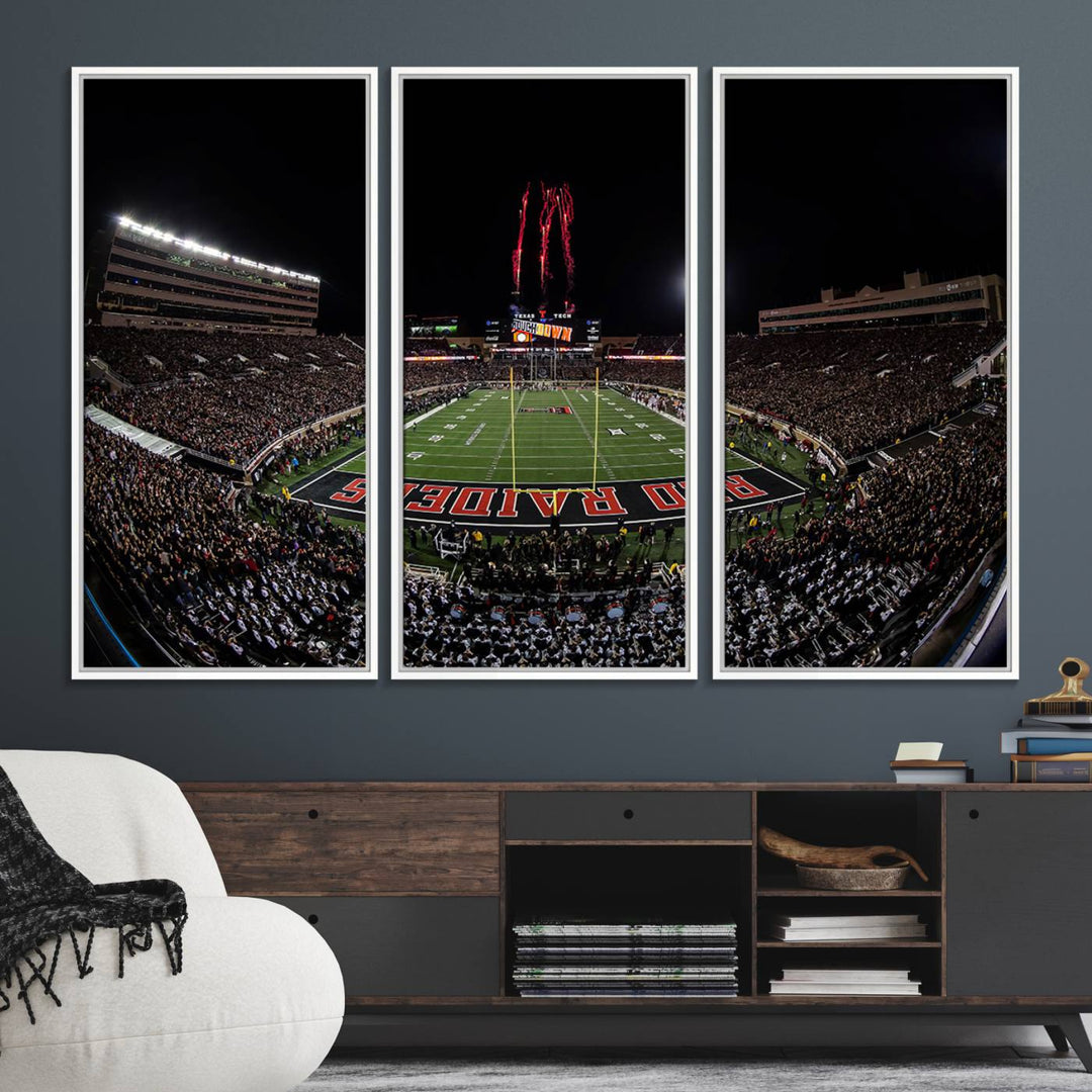 The wall features a Texas Tech Red Raiders Football Team Print on canvas, showcasing fireworks over a packed stadium at night.